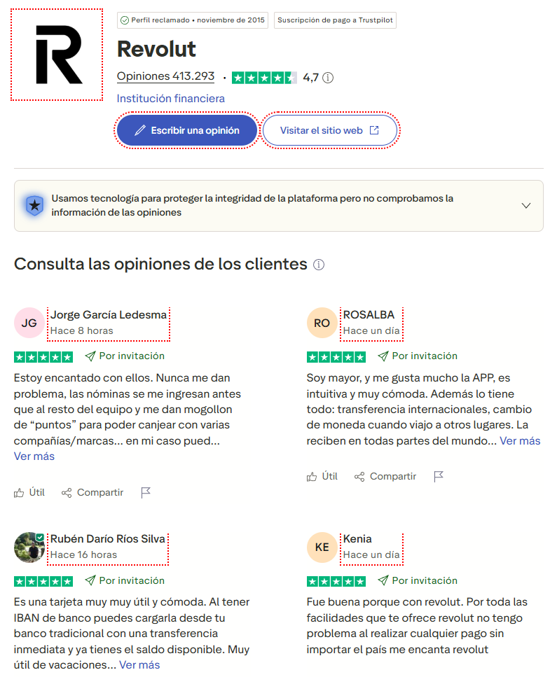 Perfil de Revolut en Trustpilot con 413.293 opiniones y una valoración de 4,7 sobre 5, con opiniones recientes de usuarios satisfechos