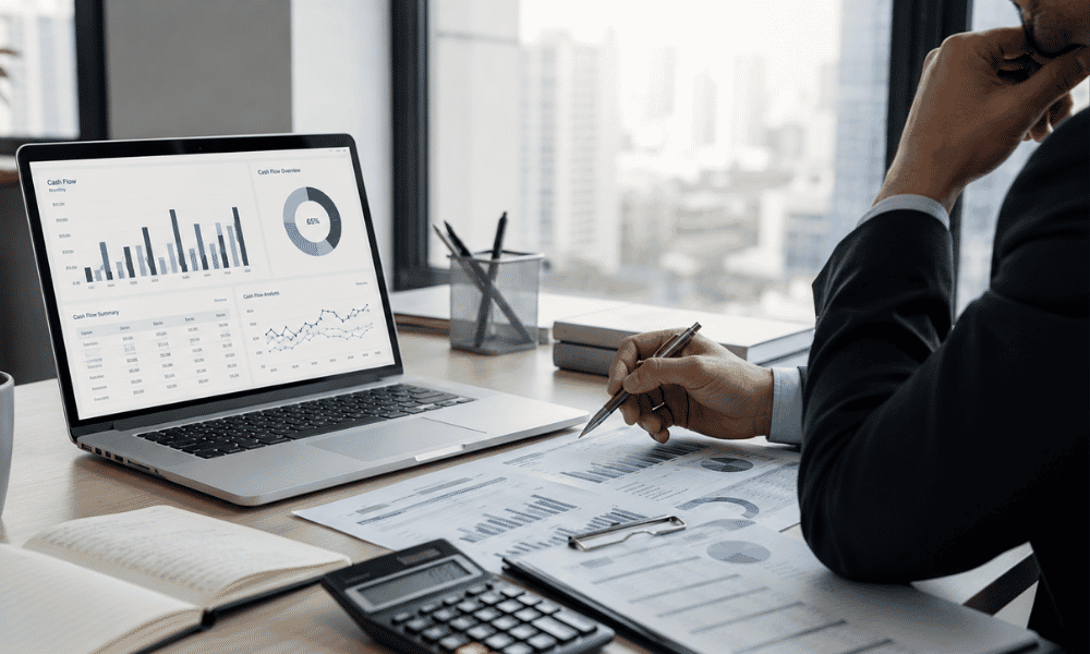 Gestión financiera de una empresa analizando indicadores y flujo de caja