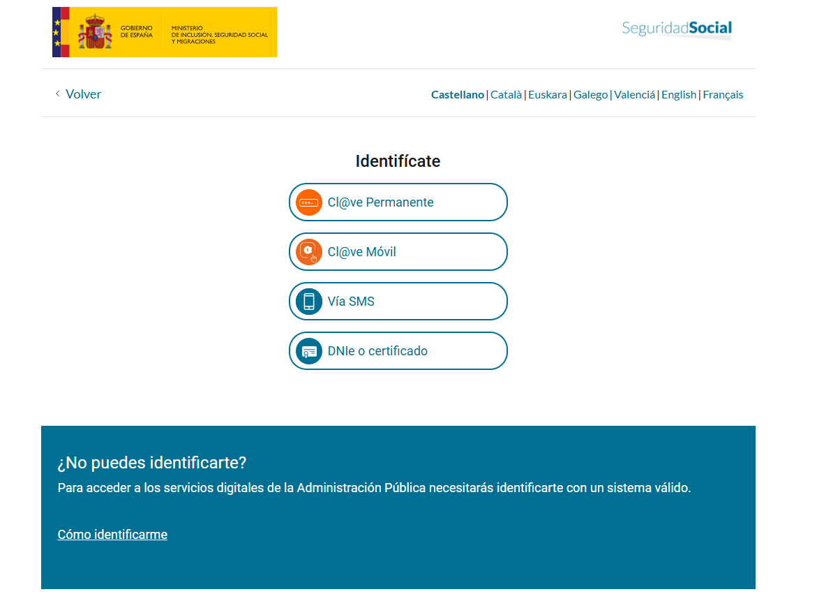 Pantalla de inicio del portal de la Seguridad Social en España, donde los autónomos pueden acceder a sus servicios a través de opciones de identificación como Cl@ve Permanente, Cl@ve Móvil, Vía SMS y DNI o certificado.