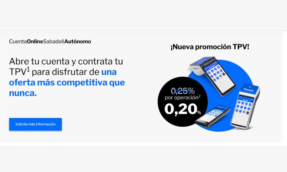 Imagen de diferentes terminales del TPV Sabadell utilizados para cobros en negocios, acompañados de una promoción informativa del banco.