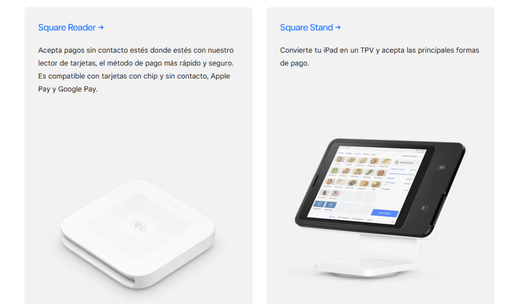 Dispositivos Square Reader y Stand con iPad para aceptar pagos de manera rápida y gestionar ventas en comercios y restaurantes.