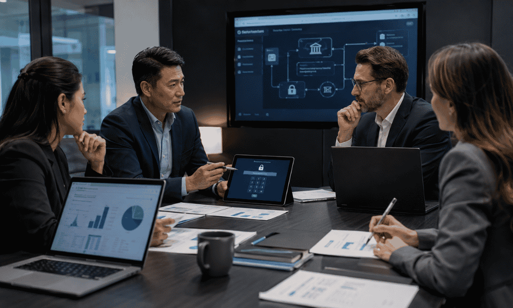 Equipo financiero revisando controles de seguridad para evitar fraude bancario