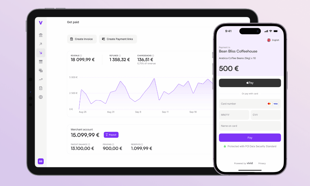 Interfaz de Vivid Money para gestionar cobros, pagos e ingresos de empresa desde ordenador y móvil