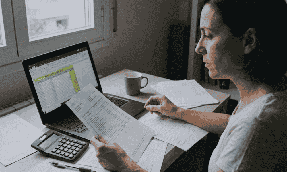 Conciliación bancaria en empresa revisando extractos y facturas en ordenador