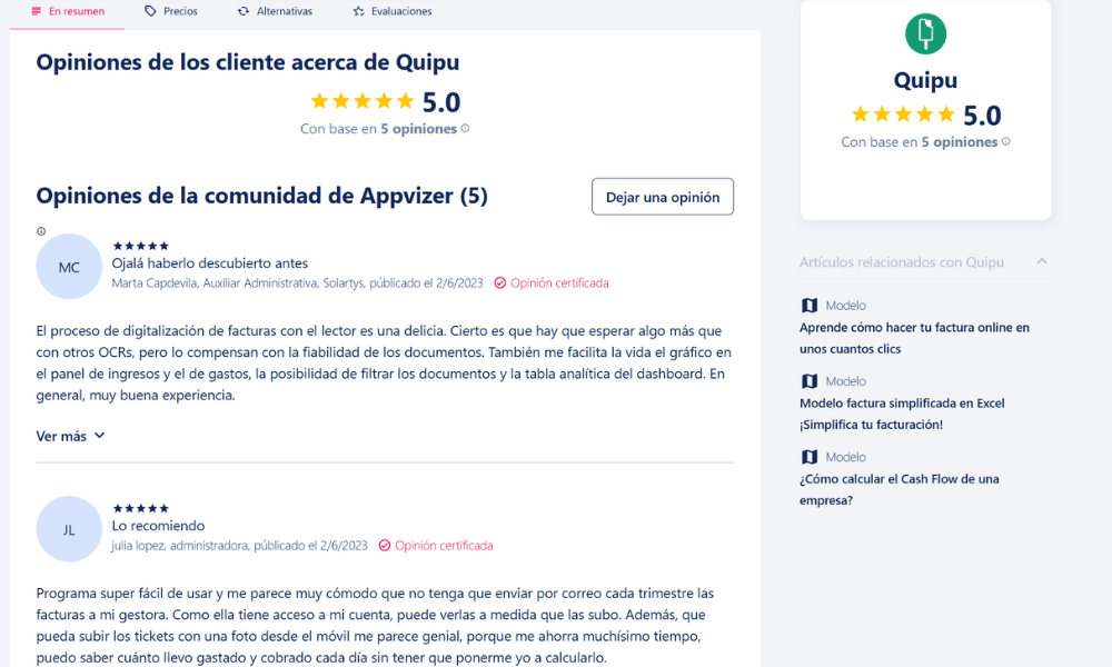 Opiniones de usuarios de appvizer sobre Quipu software de facturación
