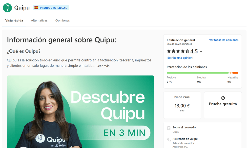 Opiniones de usuarios  de capterra sobre Quipu software de facturación
