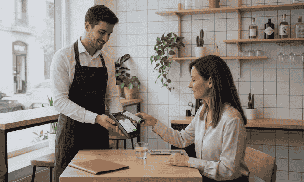 Datáfono cobrando en restaurante con pago con tarjeta