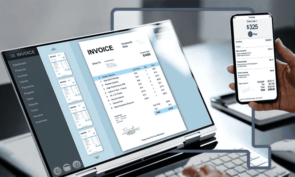 Interfaz de un programa de facturación en ordenador y móvil