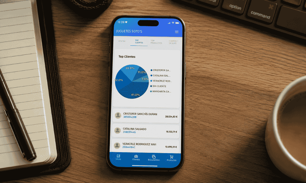 Aplicación móvil de a3innuva mostrando análisis de clientes y métricas de ventas