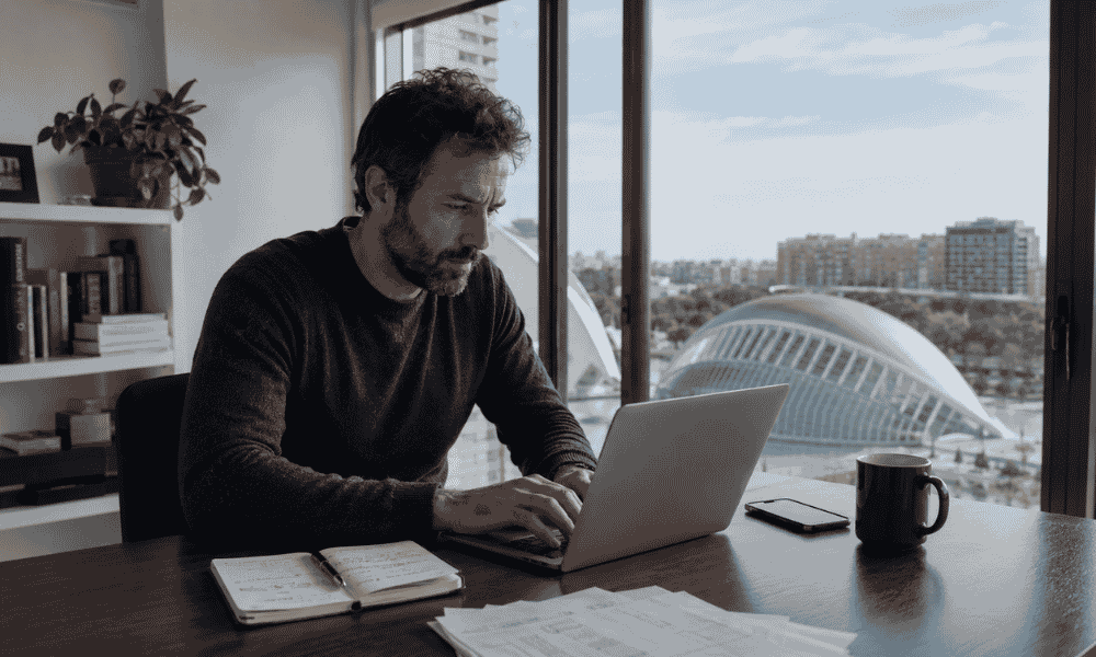 Autónomo trabajando desde casa en Valencia con vistas a la Ciudad de las Artes y las Ciencias