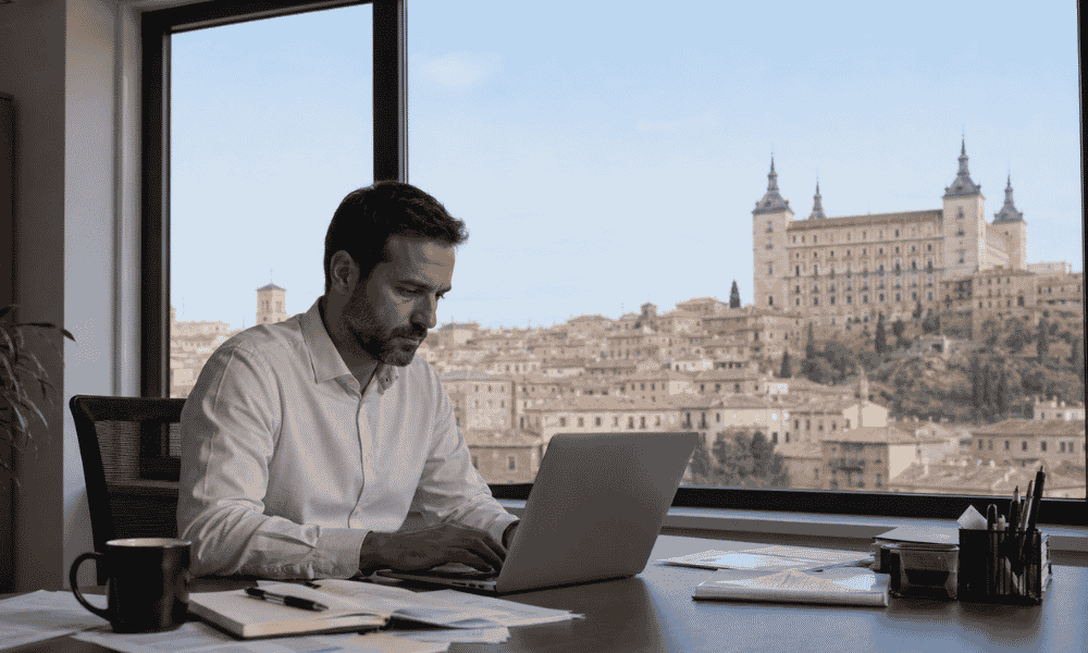 Autónomo trabajando desde una oficina en Toledo con vistas al Alcázar