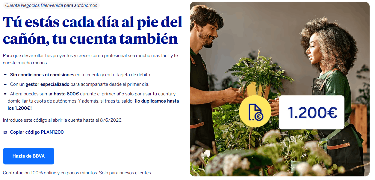 Autónomos usando la Cuenta Negocios Bienvenida BBVA con promoción de hasta 1.200 euros