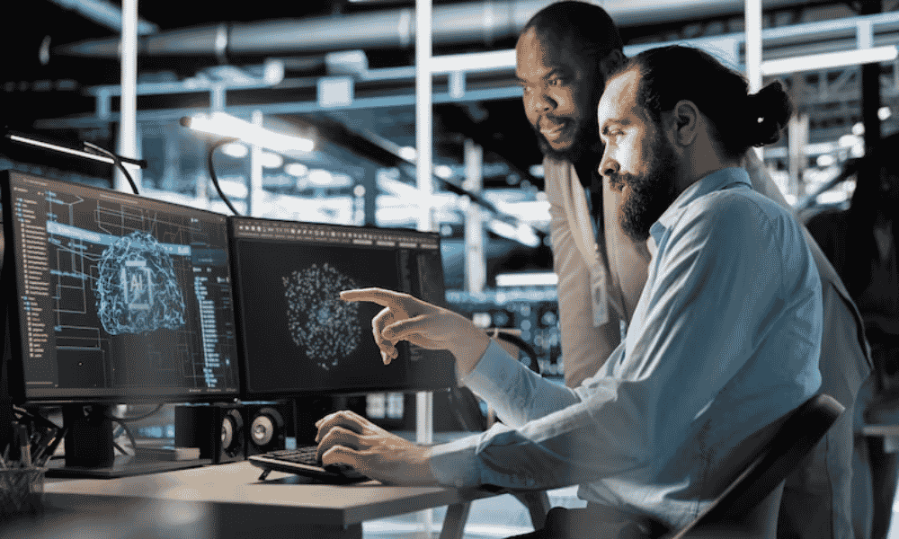 Equipo utilizando inteligencia artificial para análisis financiero avanzado