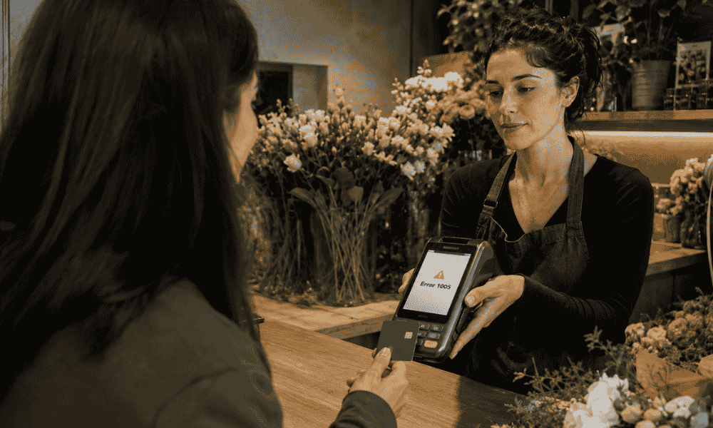 Cliente intentando pagar en un TPV que muestra el error 1005