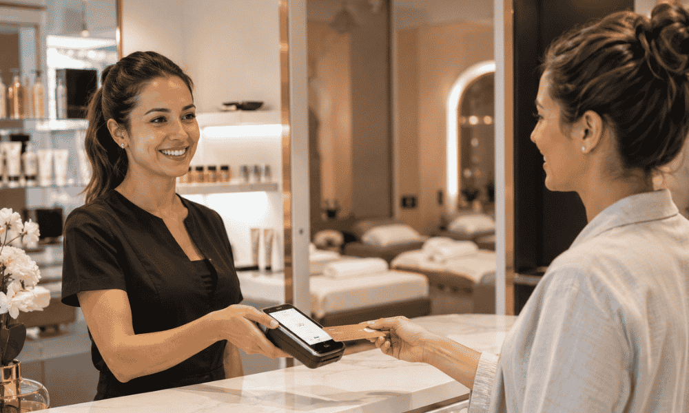Pago con TPV en un centro de estética durante el cobro de un tratamiento de belleza