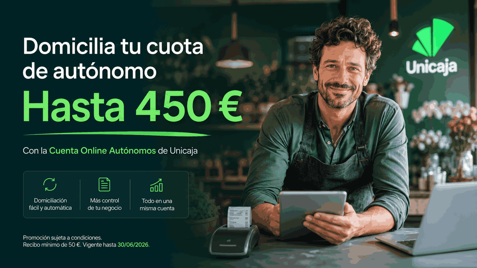 Domiciliar cuota de autónomo en Unicaja para conseguir hasta 450 euros con la Cuenta Online Autónomos