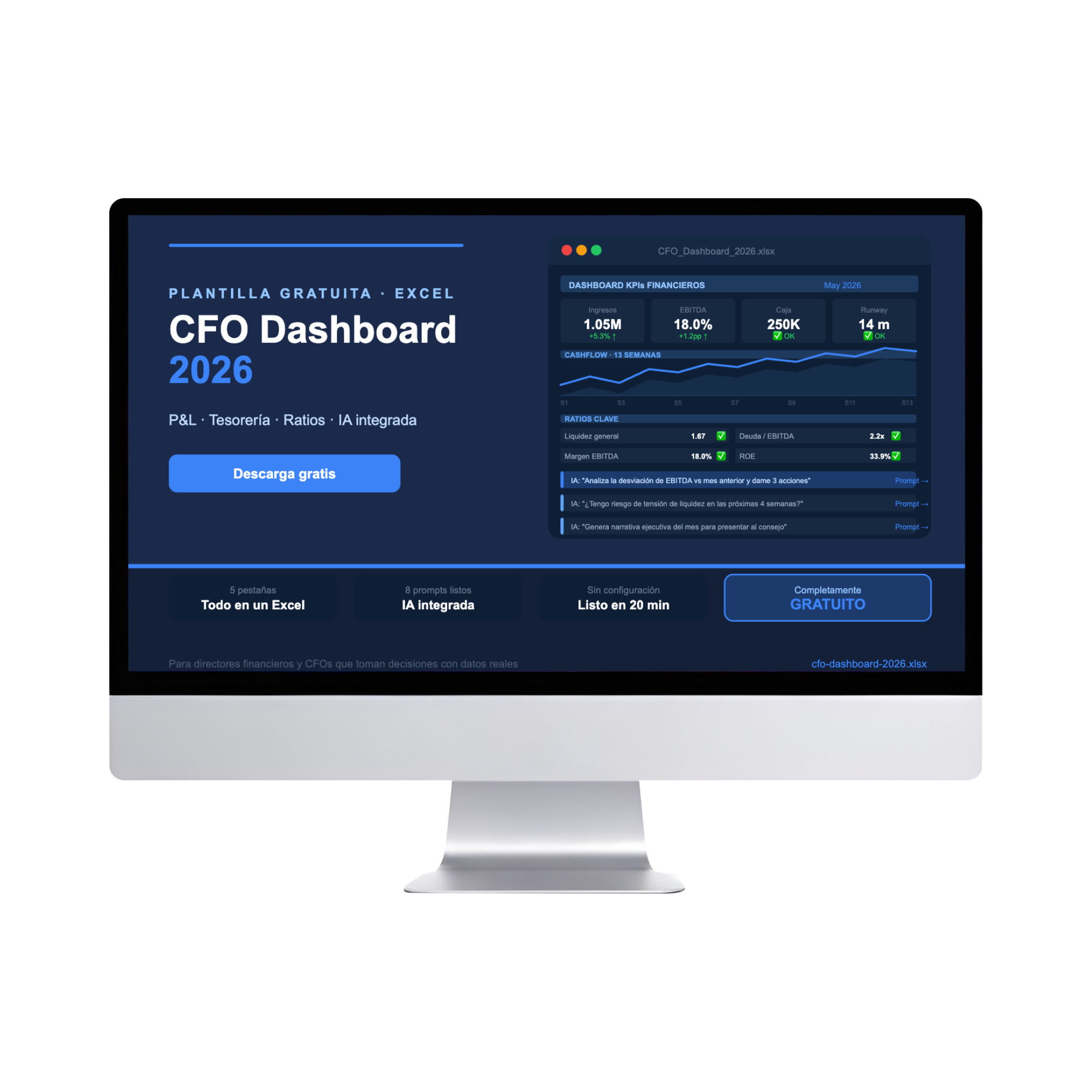 [Plantilla gratuita] Dashboard CFO con IA: P&L, tesorería y ratios automáticos en un solo Excel
