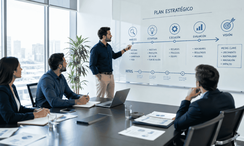 Reunión de dirección elaborando un plan estratégico empresarial