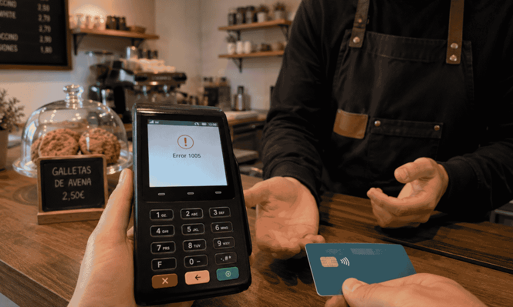 Datáfono mostrando el error 1005 durante un pago con tarjeta