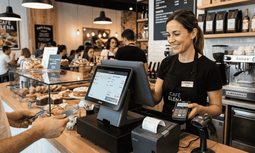 Manejo de TPV en cafetería realizando un cobro con tarjeta