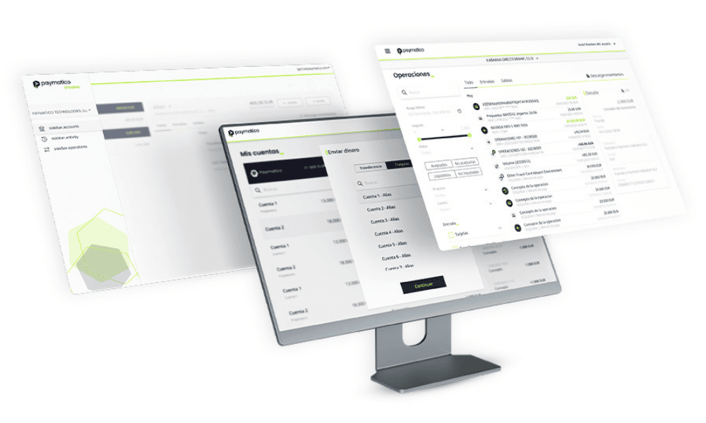 Panel de operaciones de Paymatico para gestionar pagos, movimientos y transferencias empresariales.