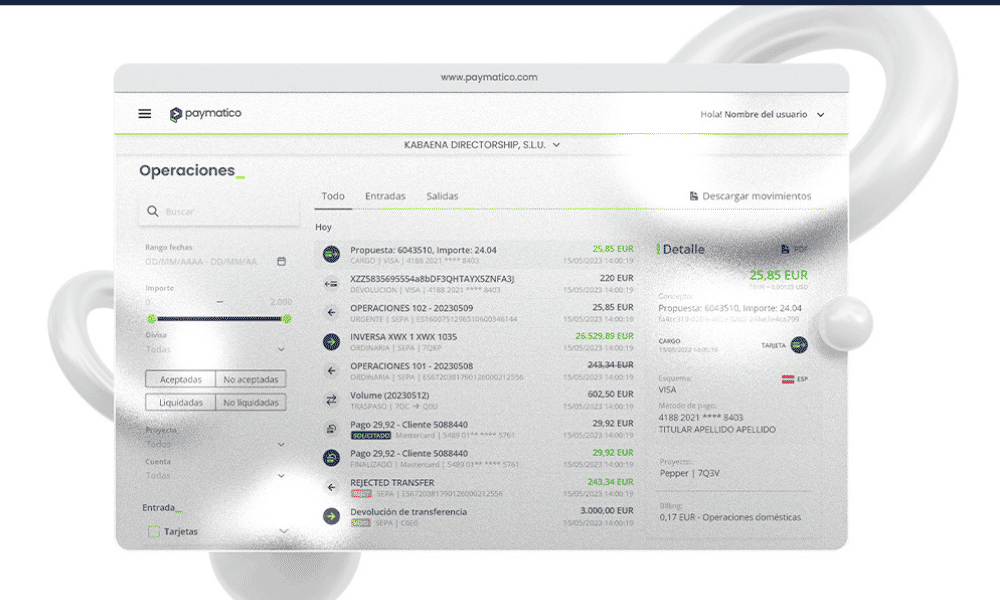 Plataforma de Paymatico para administrar cuentas, pagos y operaciones financieras de empresas.