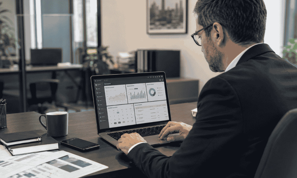 Empresario utilizando software de tesorería para gestionar las finanzas de su empresa