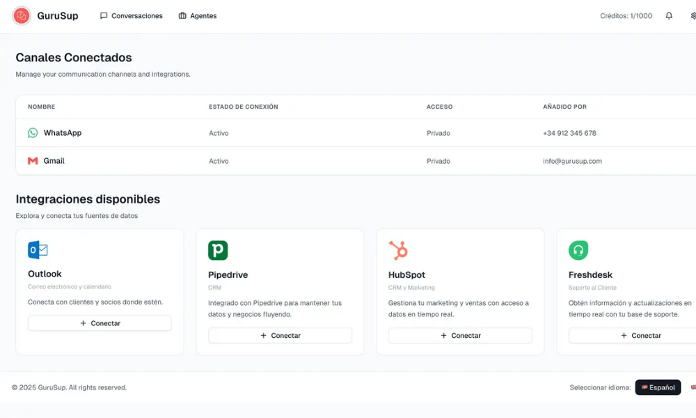 Interfaz de GuruSup para gestionar soporte con agentes de IA