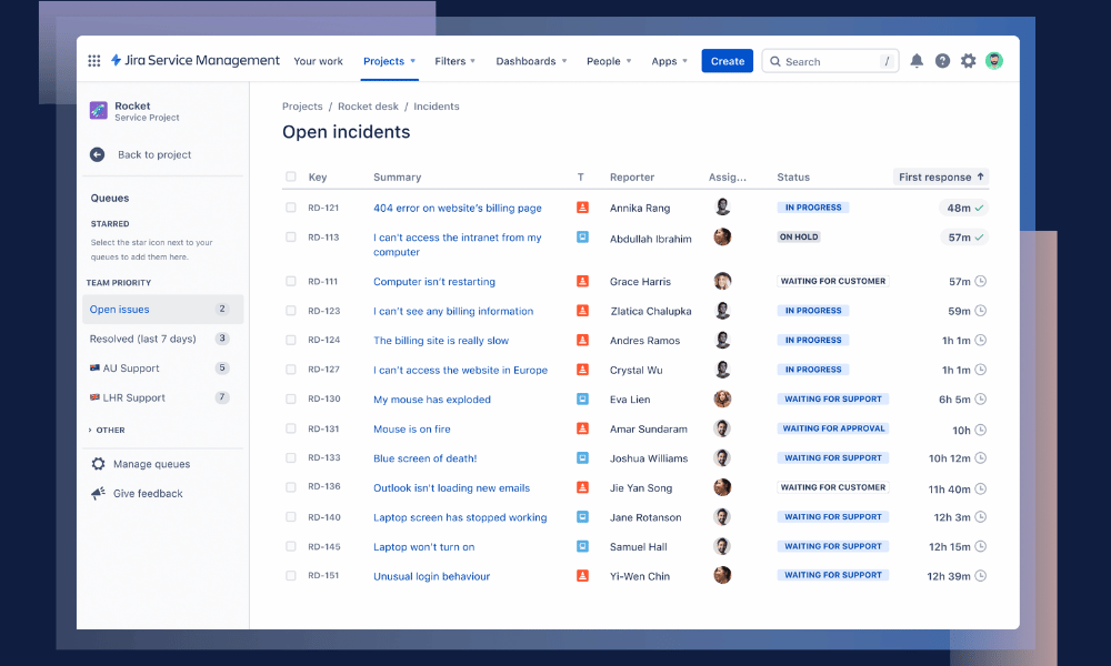 Interfaz de Jira Service Management para gestionar incidencias de IT