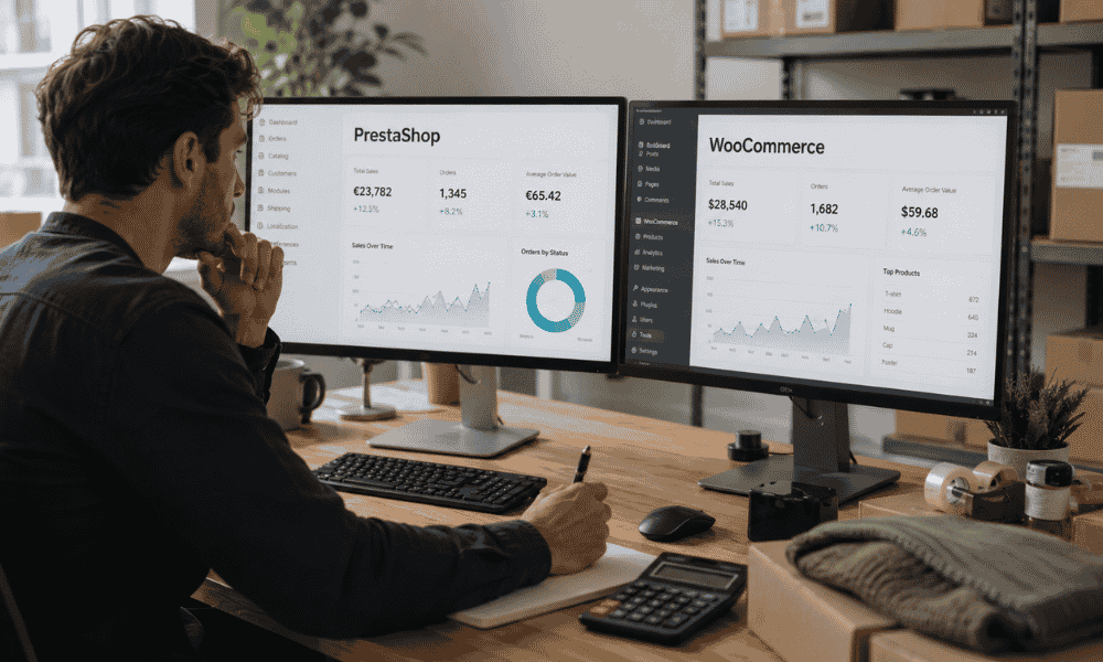 Comparativa entre Prestashop y WooCommerce en un ordenador portátil mostrando el panel de gestión de ambas plataformas de comercio electrónico.