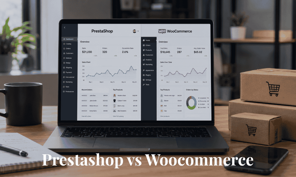 Profesional comparando WooCommerce y Prestashop en dos monitores con estadísticas y métricas de una tienda online.