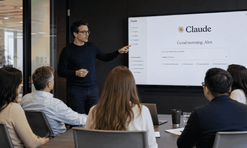 Formación sobre Claude para empresas con un experto explicando cómo utilizar la inteligencia artificial en un entorno profesional.