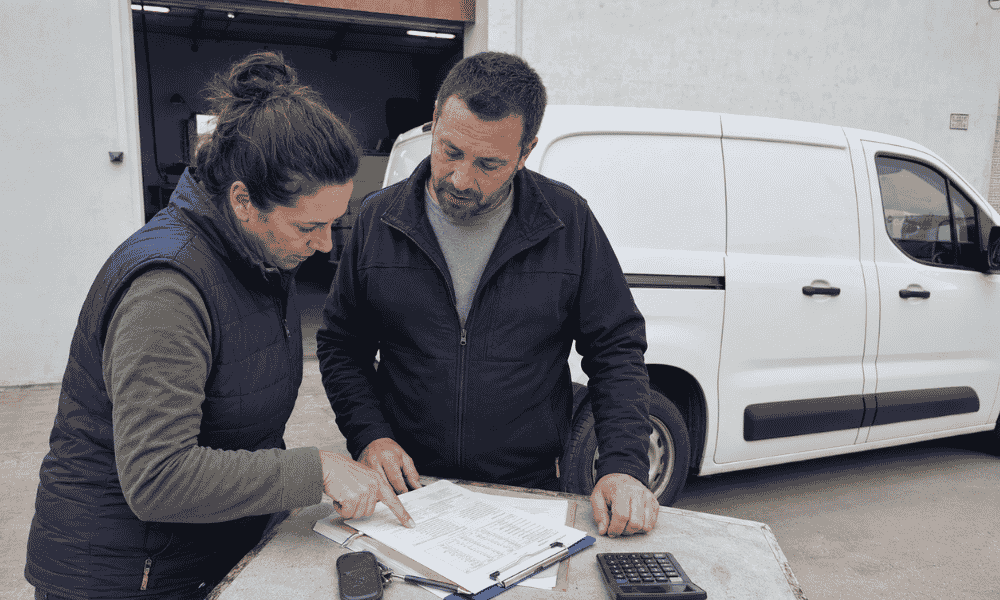Dos profesionales revisando la documentación de un contrato de leasing junto a un vehículo comercial.