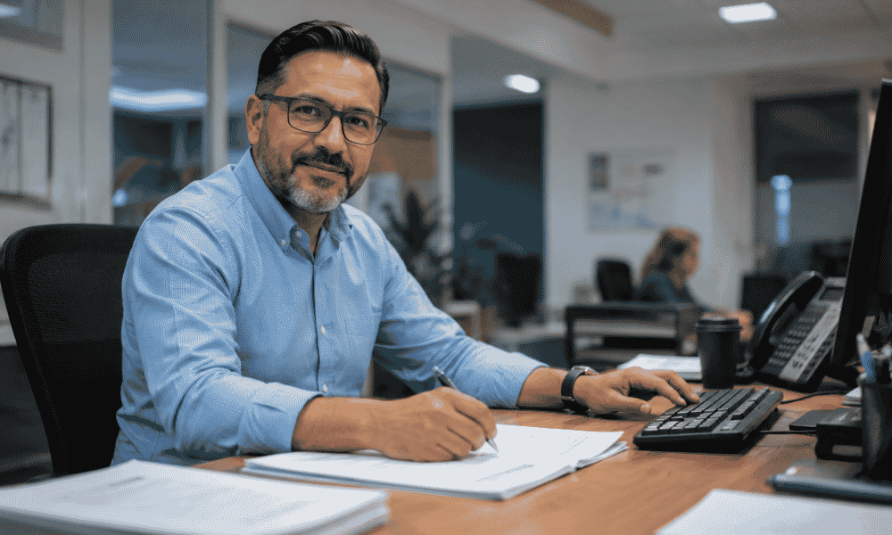 Jefe administrativo trabajando en su despacho mientras revisa documentación y gestiona tareas administrativas.