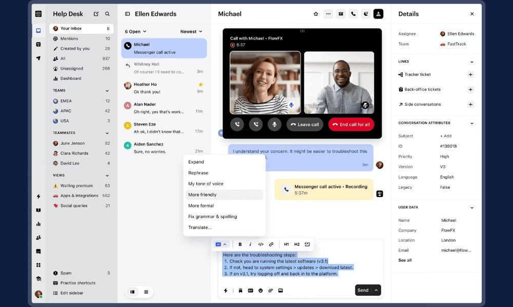 Interfaz de Intercom para soporte conversacional con IA