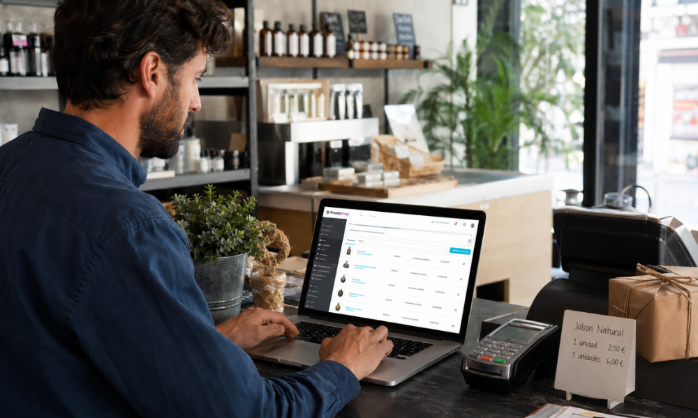 Empresario gestionando el catálogo y el stock de una tienda física con PrestaShop.