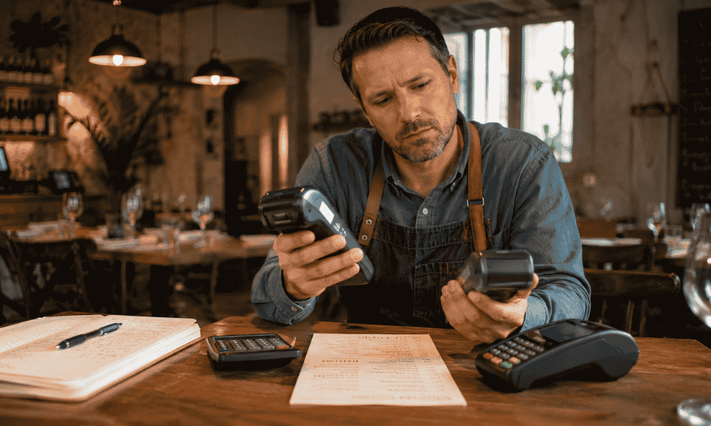 Empresario comparando dos datáfonos para elegir el mejor terminal de pago para su negocio.