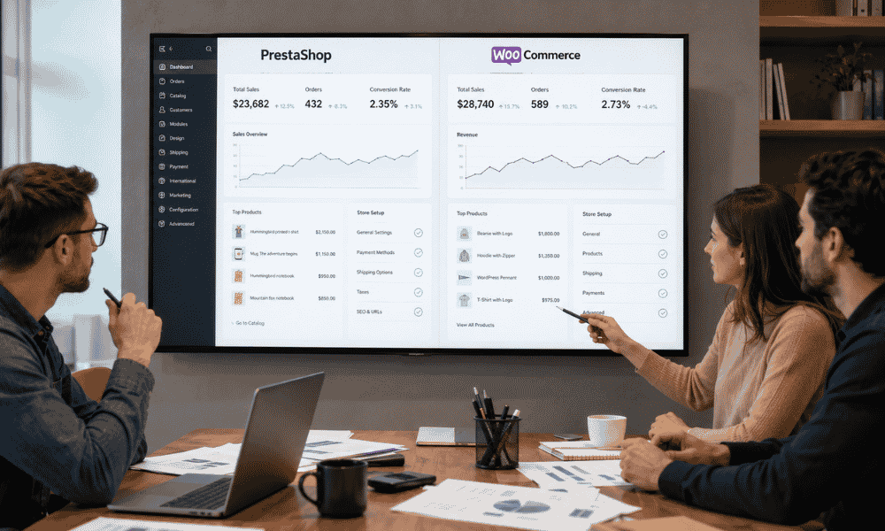 Equipo de trabajo comparando Prestashop y WooCommerce durante una reunión de estrategia para una tienda online.