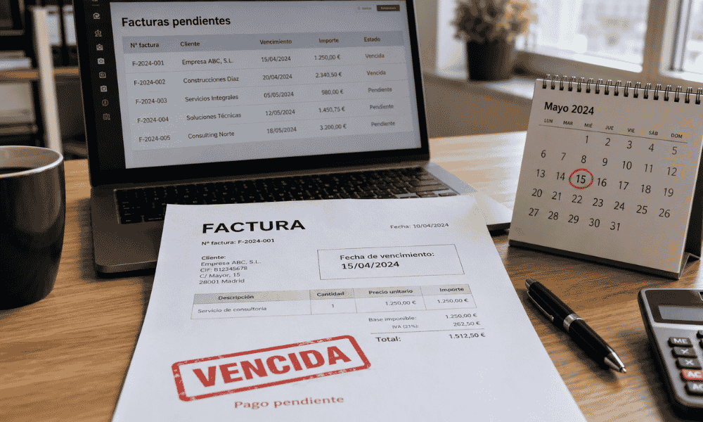 Factura vencida con fecha de vencimiento y calendario de pago pendiente.