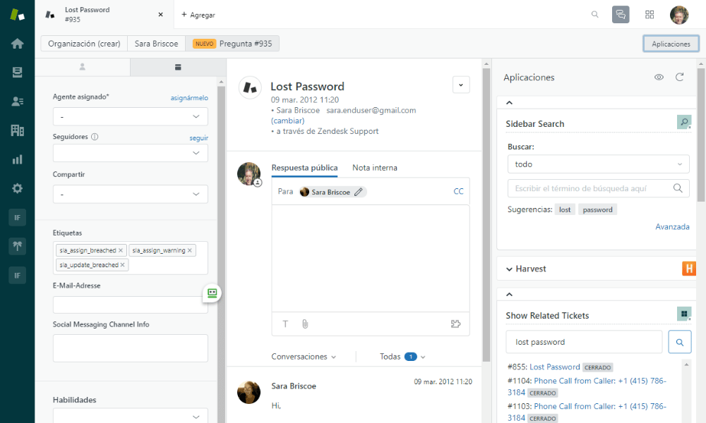 Interfaz de Zendesk para atención al cliente omnicanal