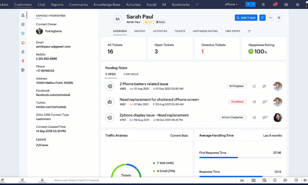 Interfaz de Zoho Desk para gestionar solicitudes de clientes