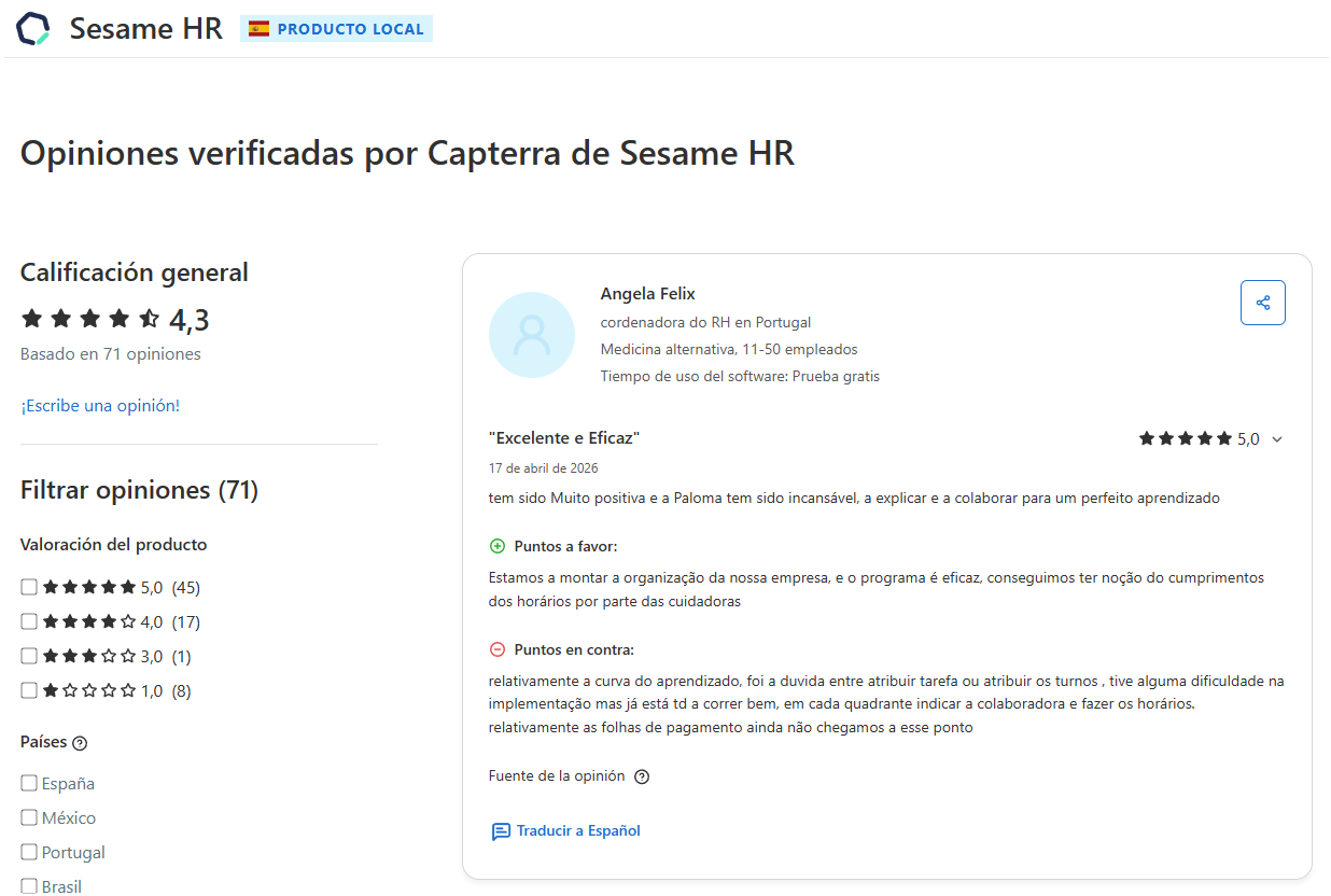 Opiniones de los usuarios de Capterra sobre el software de recursos humanos Sesame