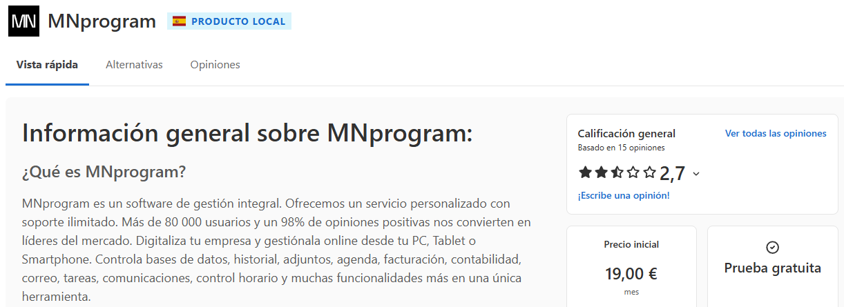Opiniones de MN Program en Capterra: 2,7 sobre 5 con 15 opiniones.