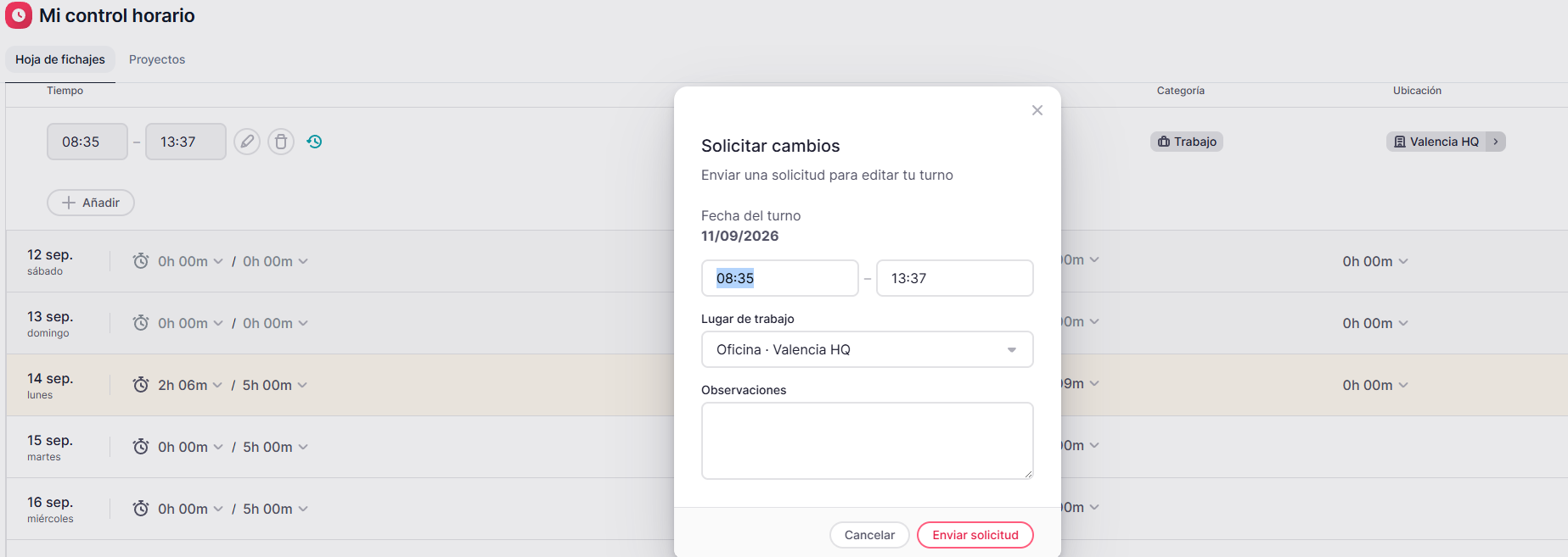 Solicitud para modificar un fichaje en el control horario de Factorial