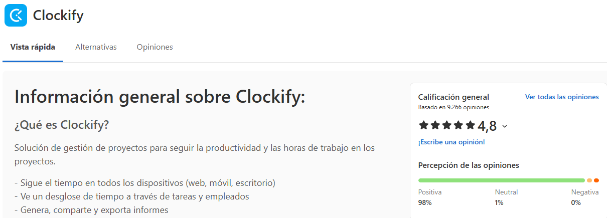 Opiniones de Clockify en Capterra: 4,8 sobre 5 con 9.266 opiniones.