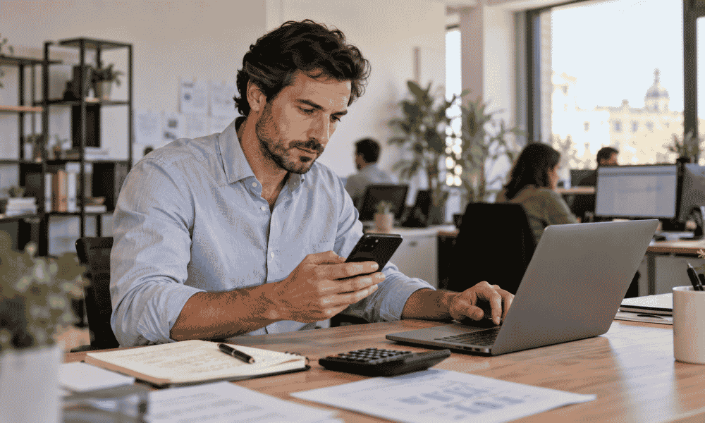 Responsable financiero gestionando la tesorería de su empresa desde el ordenador y el móvil