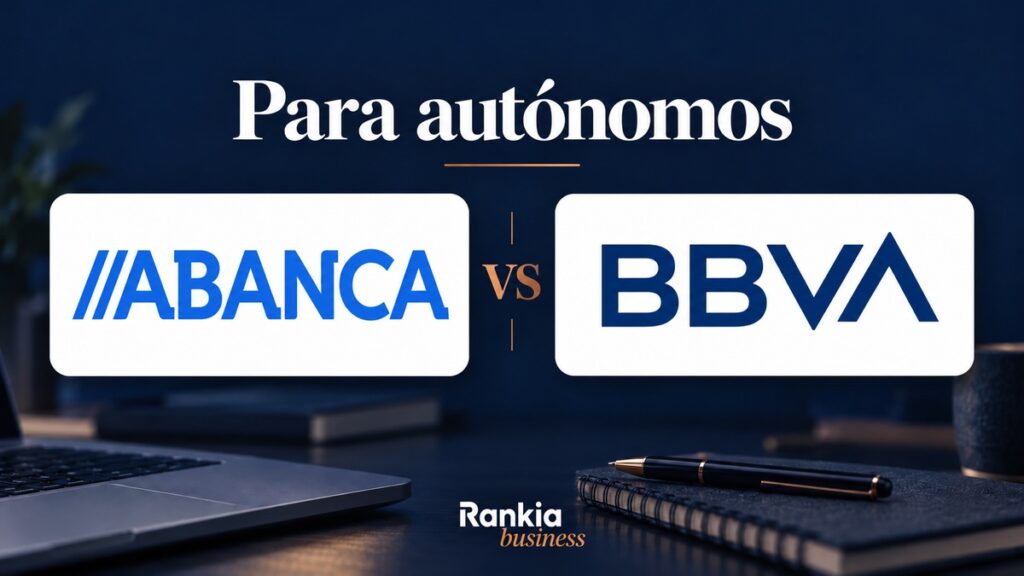 Logos de ABANCA y BBVA para comparar sus cuentas para autónomos, con la firma de Rankia Business.