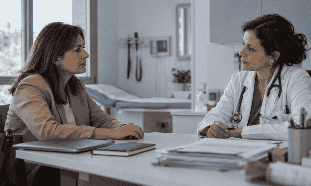 Mujer conversando con su médica durante una consulta sobre su salud y situación laboral.