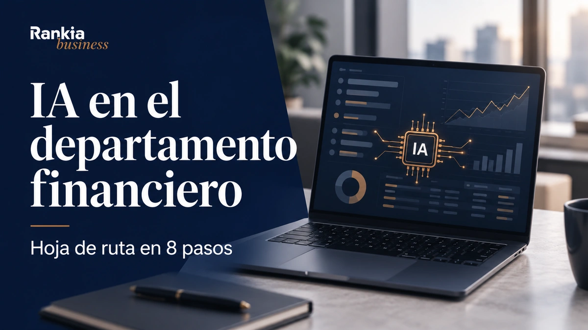 Portátil con análisis financiero y un símbolo de inteligencia artificial para ilustrar su implementación en el departamento financiero.