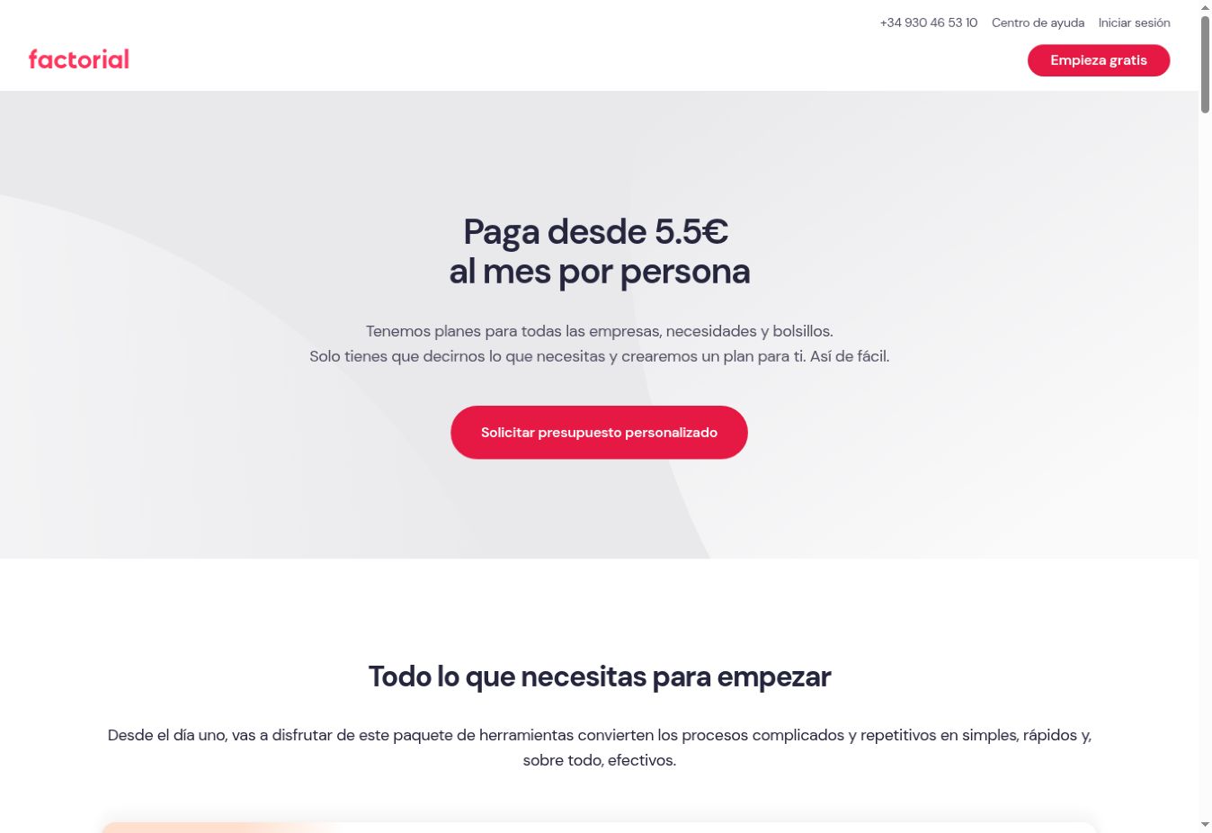 Precio de Factorial desde 5,50 € al mes por empleado
